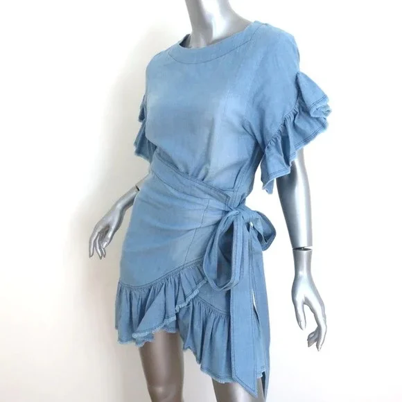 Isabel Marant Etoile Ruffle Wrap Dress Lelicia Chambray Size 34 Short Sleeve - Picture 3 of 9
